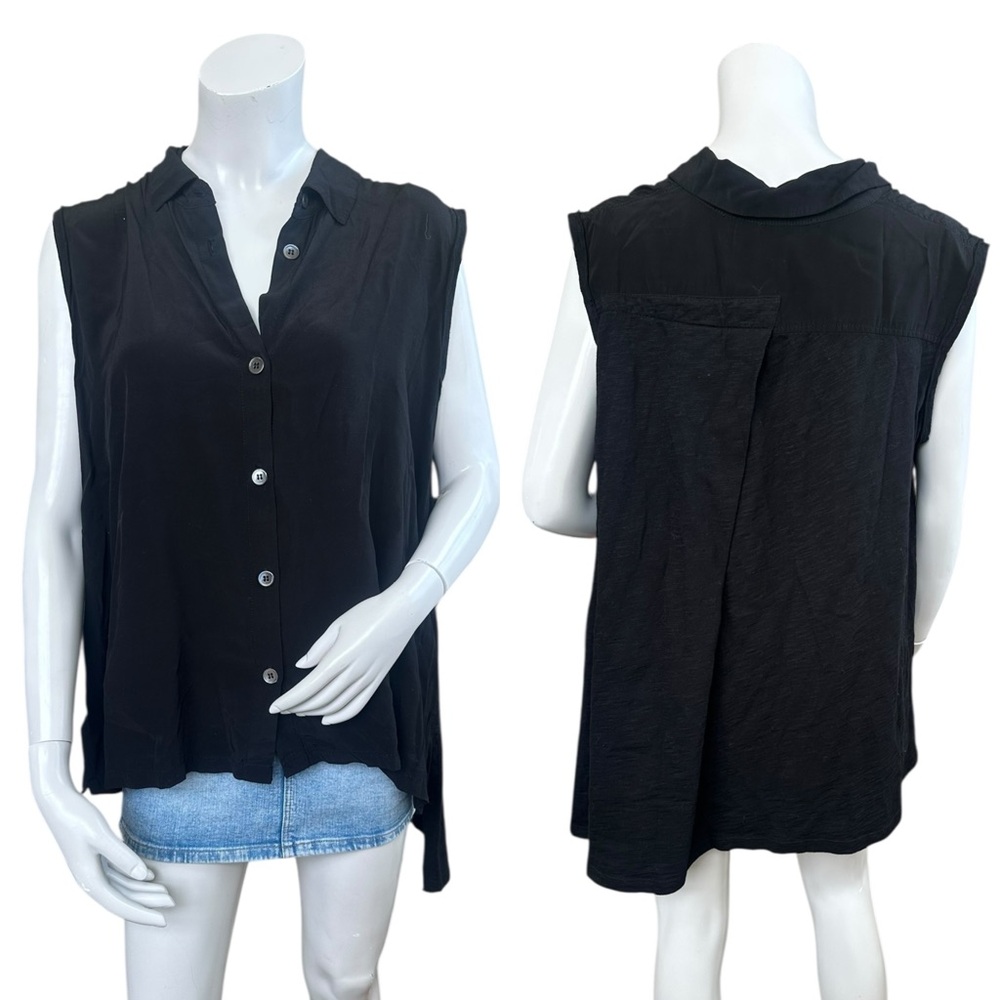 Wilt Asymmetrical Black 100% Cotton Sleeveless Collared Button Down Blouse Large